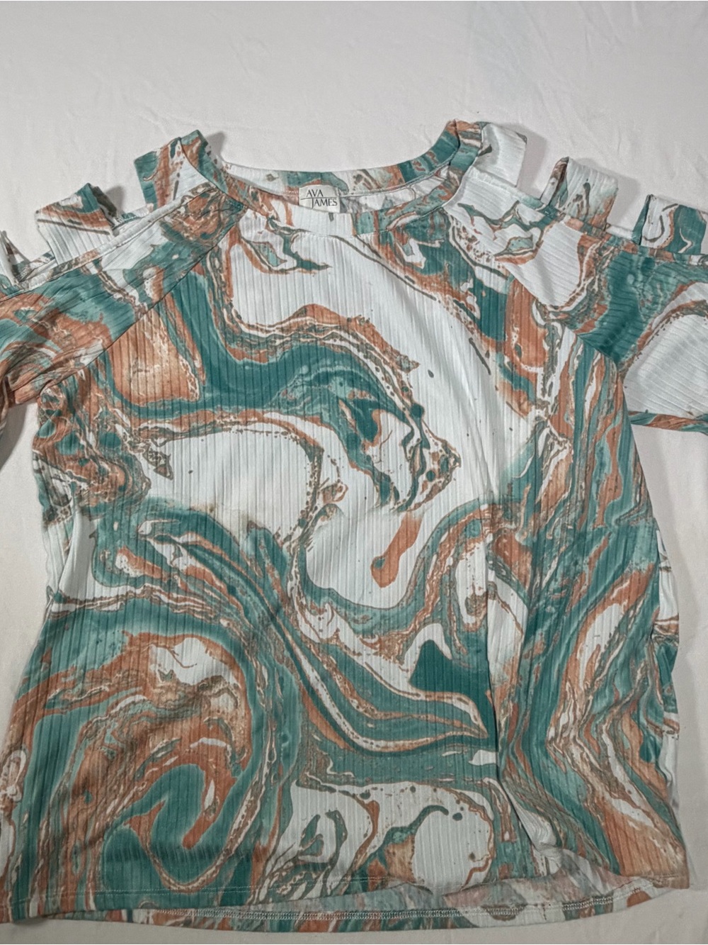 Ava James Teal and Tan Marble Cold-Shoulder Short Sleeve Top